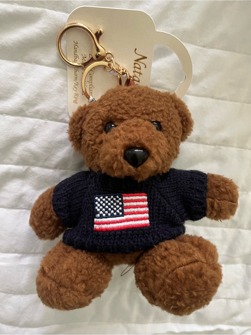 Brown Teddy Bear Keychain with American Flag Sweater